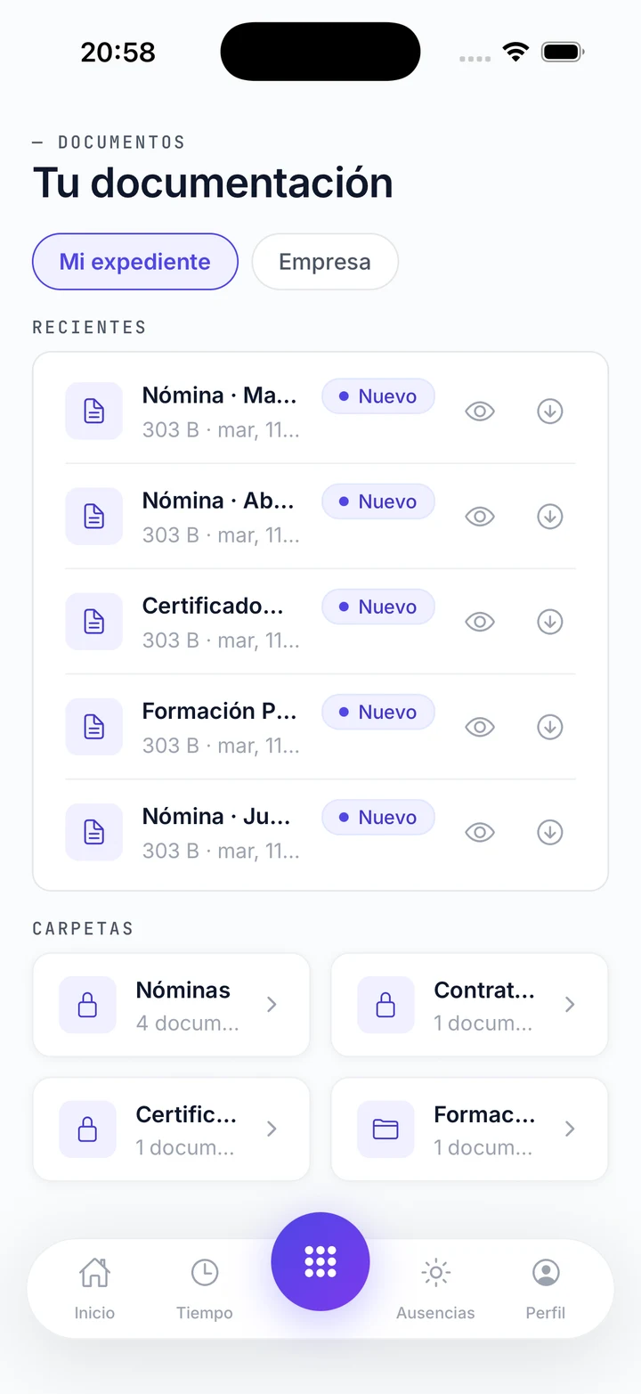 Pantalla de documentos de la app: nóminas y expediente del empleado