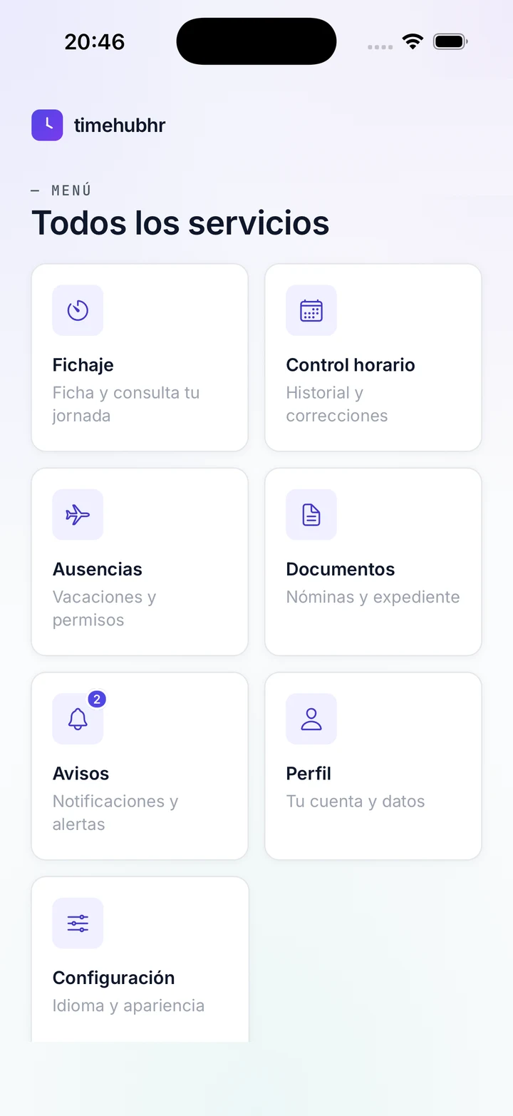 Menú de servicios de la app: fichaje, control horario, ausencias, documentos, avisos y perfil